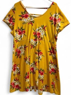 Yellow short sleeve floral dress with V-cut back